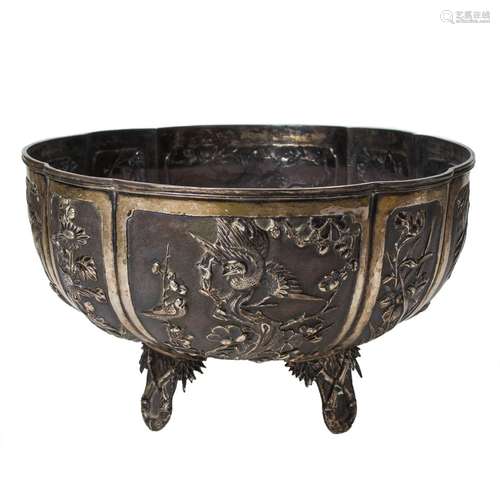 Chinese export repousse silver footed bowl