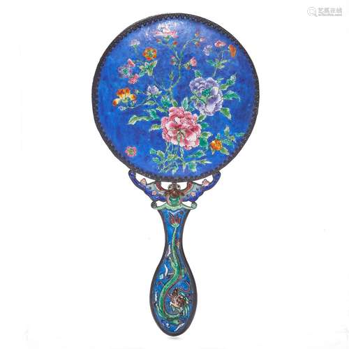 Chinese enameled silver hand mirror