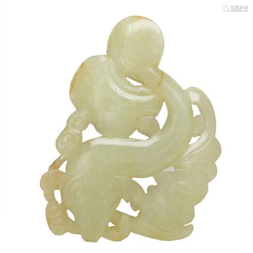 Chinese celadon jade 'fish and bat' pendant