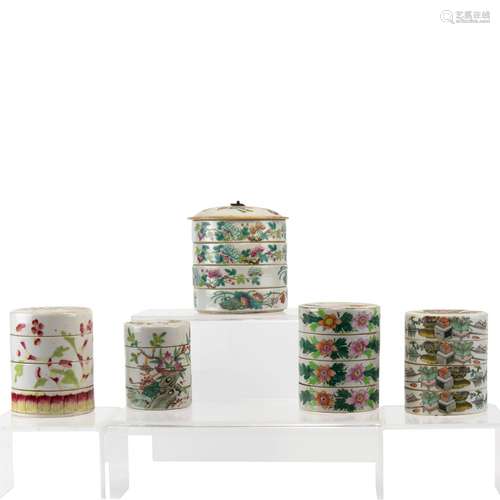 (LOT OF 5) CHINESE FAMILLE ROSE STACKING CONTAINERS