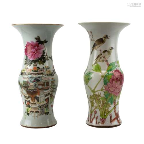 (LOT OF 2) CHINESE FAMILLE ROSE TRUMPET VASES