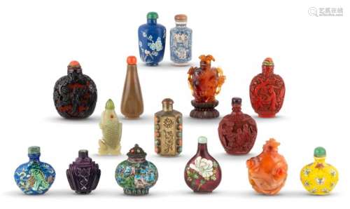 Fifteen Chinese Snuff Bottles Height of largest 2 3/4 