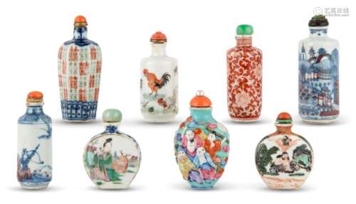 Eight Chinese Porcelain Snuff Bottles Height of largest 3 1/...