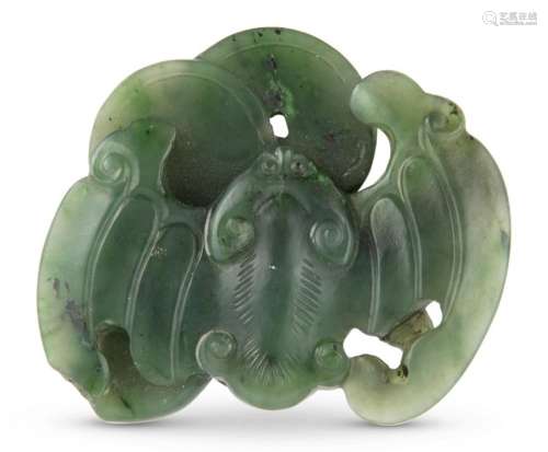 A Chinese Carved Spinach Jade Bat Pendant Width 2 