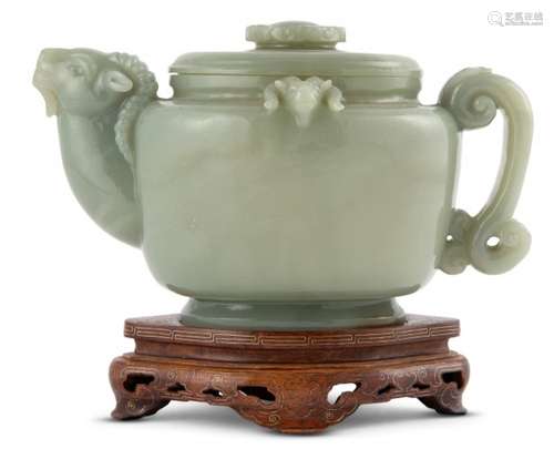 A Chinese Celadon Jade Wine Pot and Cover Height 4 1/2 