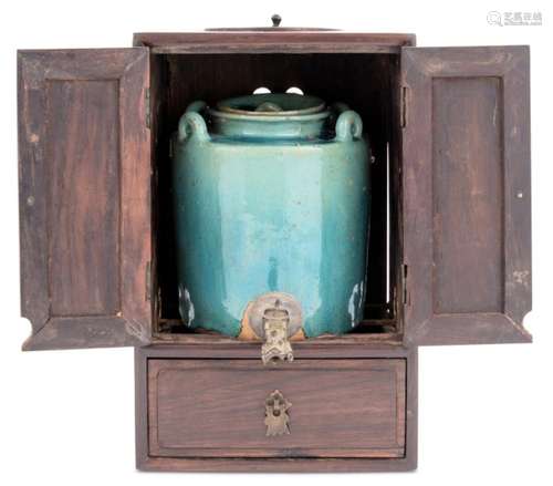 A Chinese Hot Water Pot and Hardwood Cabinet Height 11 3/4 