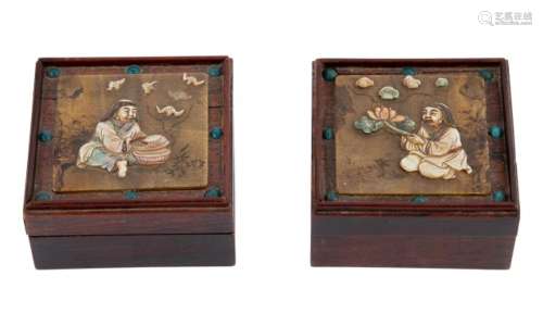 A Pair of Chinese Shell and Hardstone Inset Hardwood Boxes W...