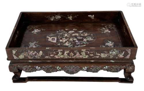A Chinese Shell-Inlaid Hardwood Tray on Stand Width 16 1/2 