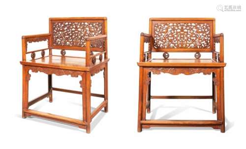 A Pair of Chinese Huanghuali Armchairs Height 34 