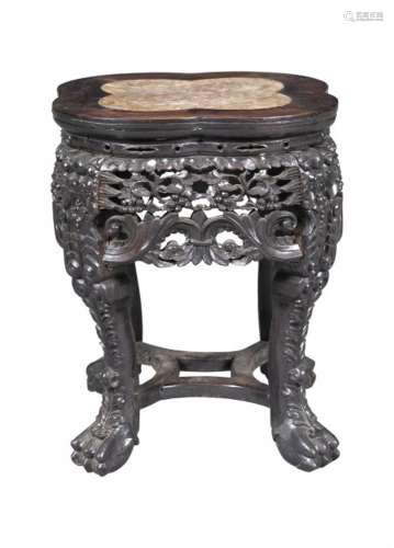 A Chinese Marble-Inset Hardwood Side Table Height 19 
