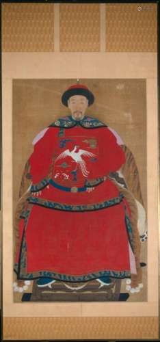A Fine and Large Chinese Portrait of a Civil Official in Red...
