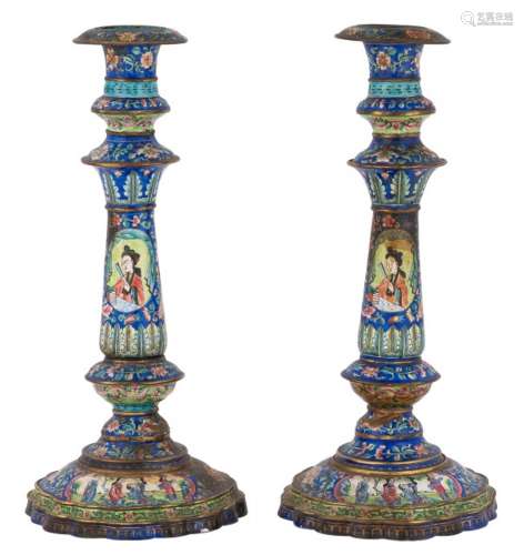 A Pair of Chinese Canton Enamel Candlesticks Height 13 