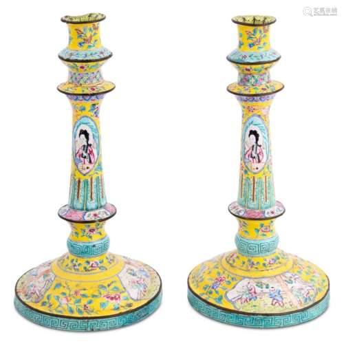 A Pair of Chinese Canton Enamel Candlesticks Height 12 1/4 