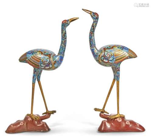 A Pair of Chinese Cloisonne Enamel Cranes Height 34 