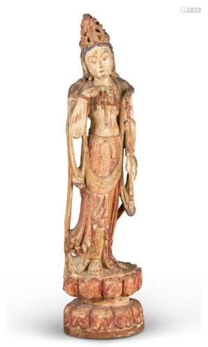 A Chinese Polychromed Wood Figure of Guanyin Height 24 
