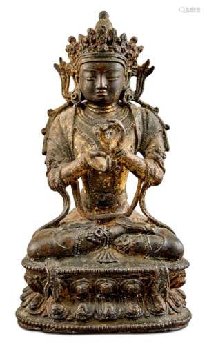 A Chinese Gilt Bronze Figure of Seated Amitayus Height 6 3/8...