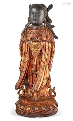 A Large and Rare Chinese Parcel Gilt Lacquered Bronze Figure...