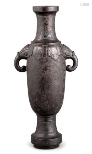 A Chinese Twin-Handled Bronze Vase Height 12 1/4 