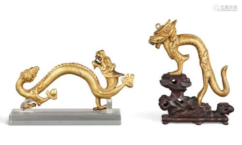 Two Chinese Gilt Bronze Dragon-Form Handles Length 8 