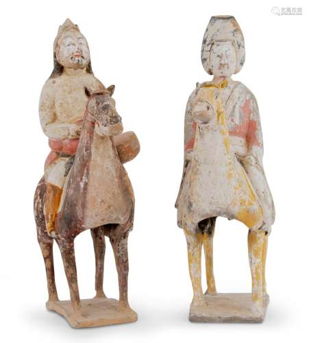 Two Chinese Painted Pottery Figures of Equestrians Height 13...