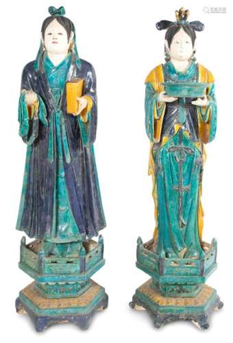 A Large Pair of Chinese Fahua-Glazed Pottery Attendant Figur...
