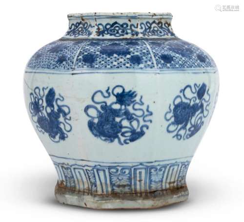 A Chinese Blue and White Octagonal Porcelain Jar, Guan Heigh...