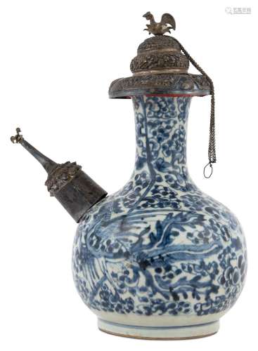 A Chinese Silver Mounted Blue and White Porcelain Kendi Heig...