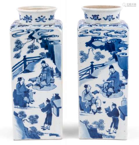 A Pair of Chinese Blue and White Porcelain Square-Form Vases...