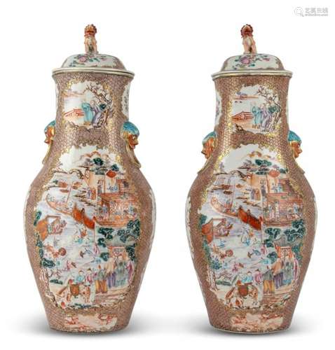 A Large Pair of Chinese Export Porcelain Vases and Covers He...