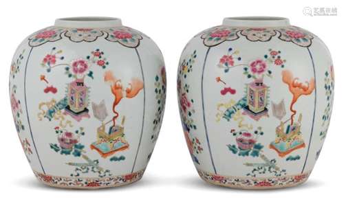 A Pair of Chinese Enameled Porcelain Jars Height 10 1/4 