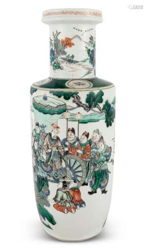 A Chinese Famille Verte Porcelain Rouleau Vase Height 18 1/2...