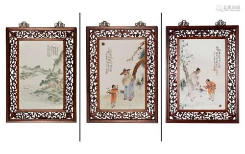 Three Chinese Enameled Porcelain Plaques Sight 15 x 9 3/4 