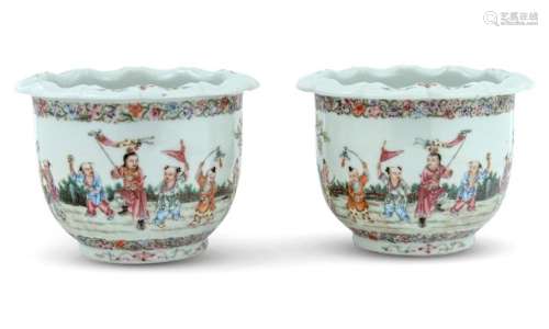 A Pair of Chinese Enameled Porcelain Planters Height 5 1/4 