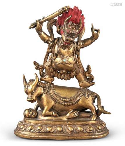 A Tibetan Gilt Bronze Figure of Yama Height 7 