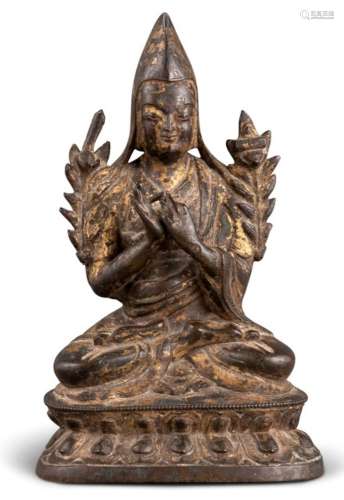 A Tibetan Parcel Gilt Bronze Figure of a Lama Height 6 3/4 