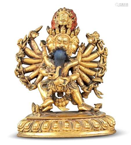 A Tibetan Gilt Bronze Figure of Mahakala Yabyum Height 8 1/4...