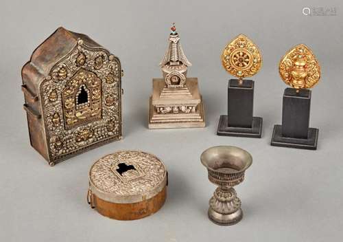 A Group of Tibetan Silver and Gilt Metal Items Height of lar...