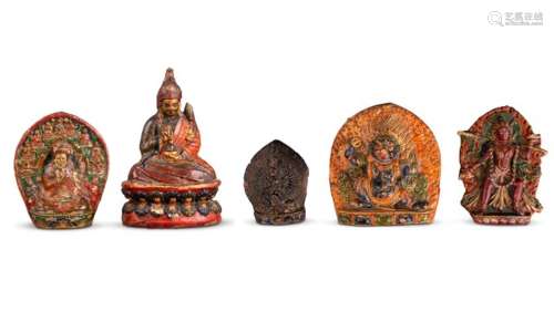 Five Tibetan Polychrome Decorated Clay Icons Height of large...