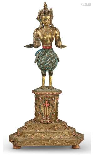 A Nepalese Stone-Inset Bronze Figure of a Bodhisattva Height...