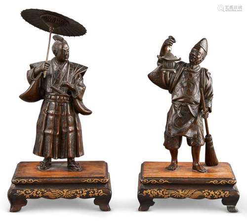 Two Japanese Bronze Figural Okimono Height 7 3/4 