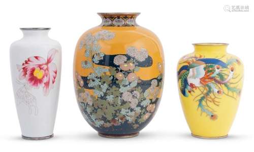 Three Japanese Cloisonne Vases Height of largest 10 