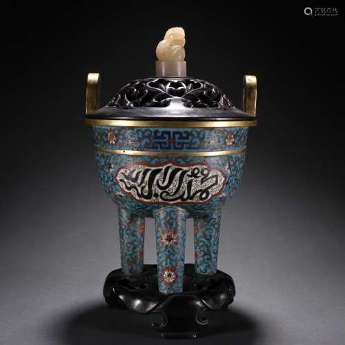 清代 銅鎏金景泰藍梵文香爐。