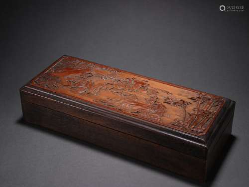 張熊制款 紅木鑲竹雕人物故事蓋盒