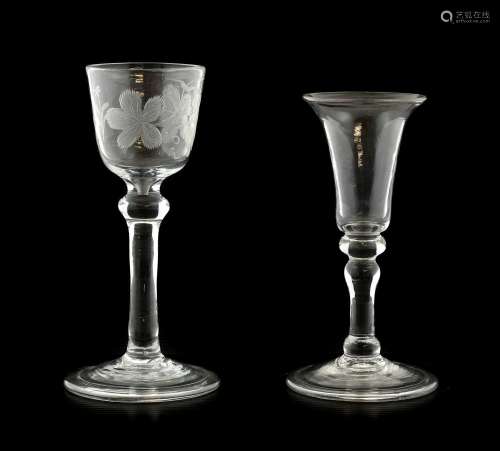 A Wine Glass, circa 1750, the rounded funnel bowl engraved w...