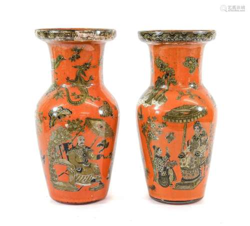 A Pair of Decalcomania Glass Vases, 19th century, of baluste...