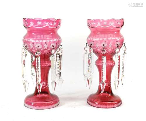 A Pair of Cranberry-Flashed Clear Glass Table Lustres, circa...