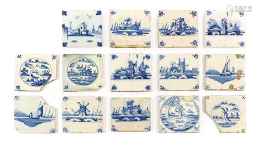 Fourteen Various Delft Tiles, painted in blue with figures a...
