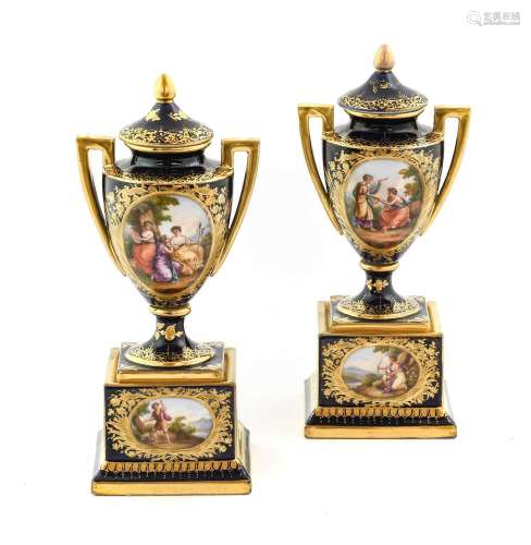 A Pair of Vienna Porcelain Vases, Covers and Stands, late 19...