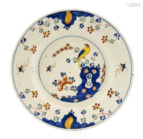 An English Delft Plate, circa 1760, painted in colours with ...