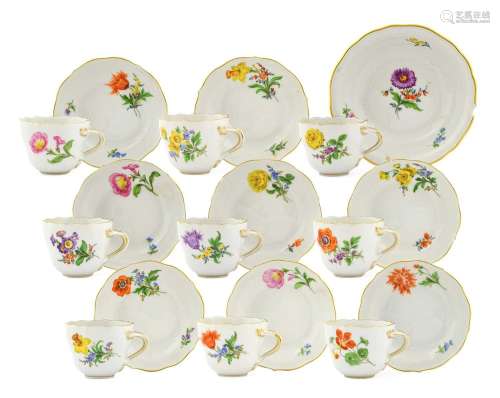 A Set of Eight Meissen Porcelain Coffee Cups and Saucers, 20...